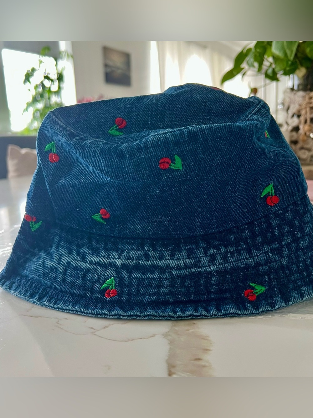 Denim Cherry Embroidered Bucket Hat